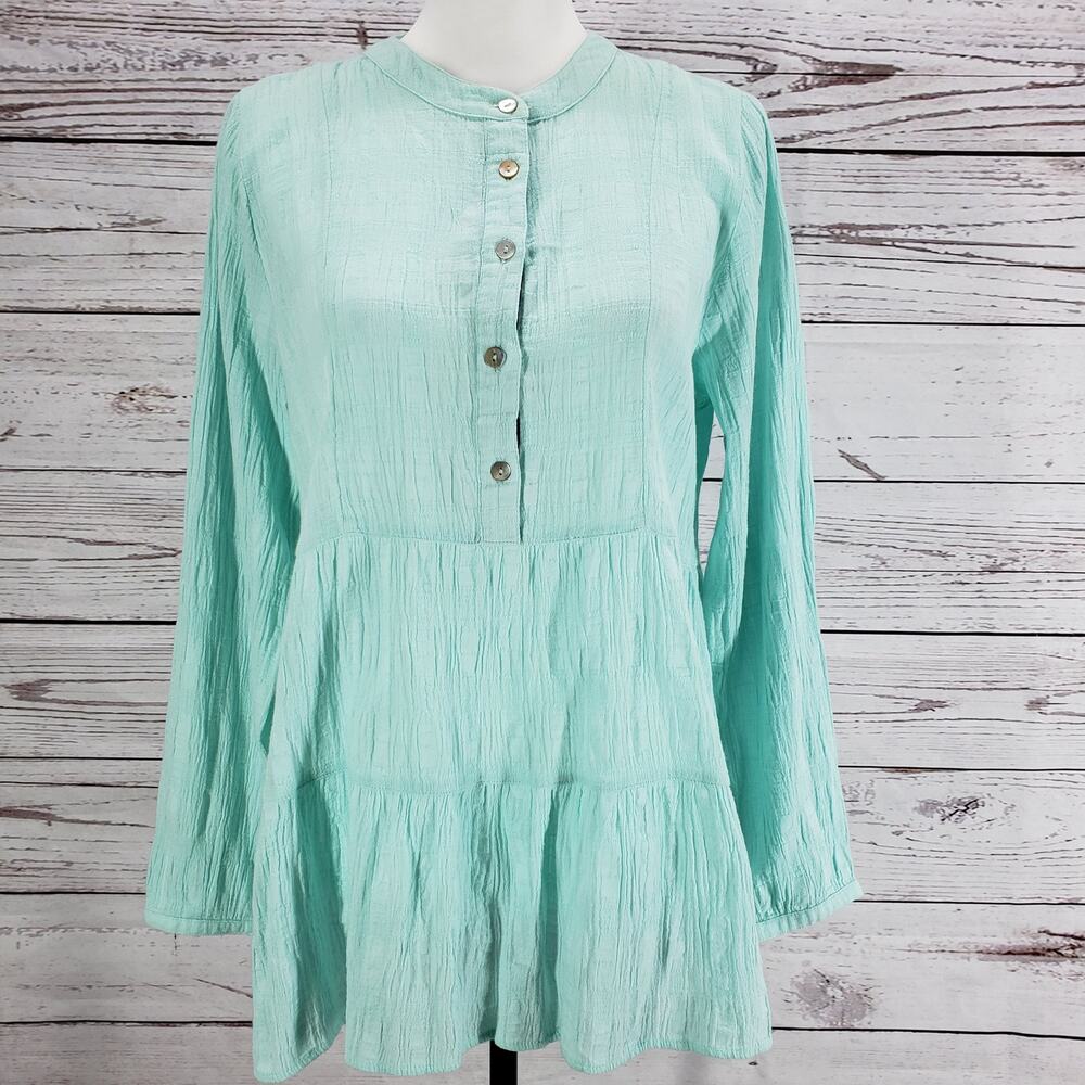 Soft Surroundings Aqua Blue Tiered Half Button Long Sleeve Top Size Medium